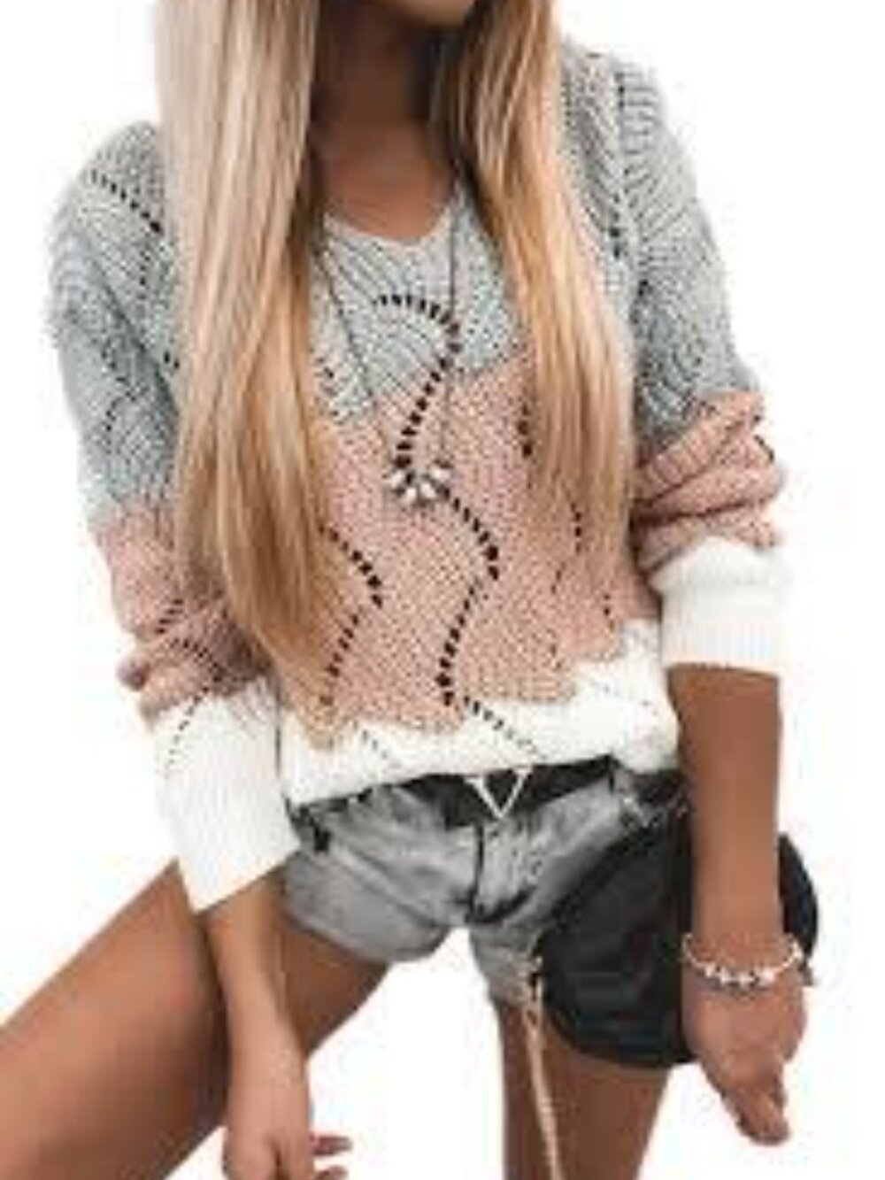 Colorblock Open Knit Sweater Large Pink Grey White Crochet Pullover Wave Pattern